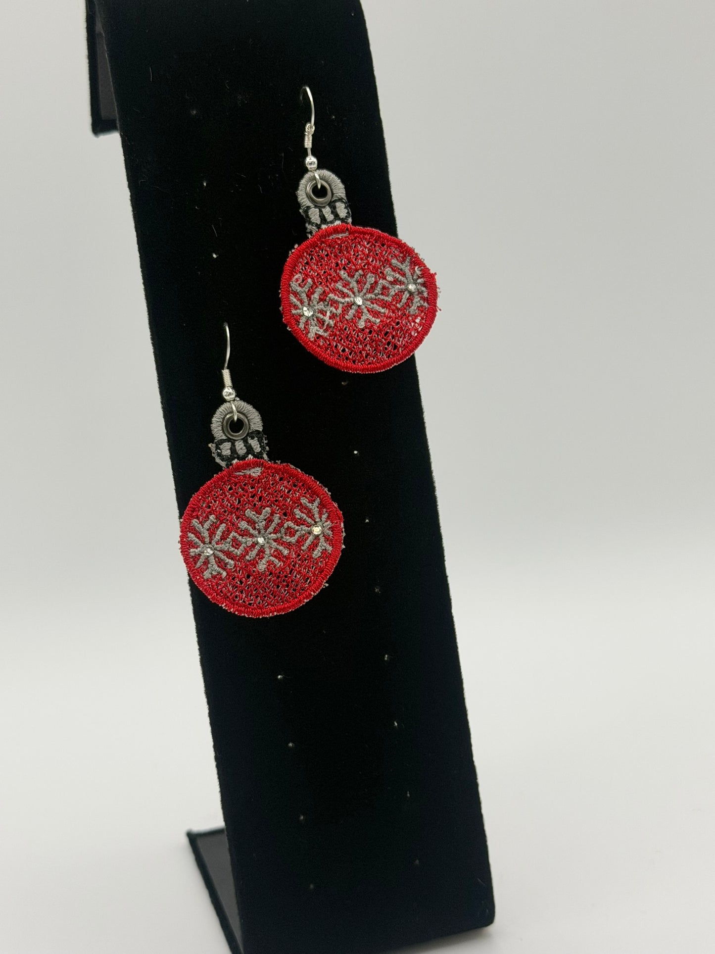 Embroidered Christmas Ornament Earrings β Sterling Silver Plated Hooks β Optional Rhinestone Center