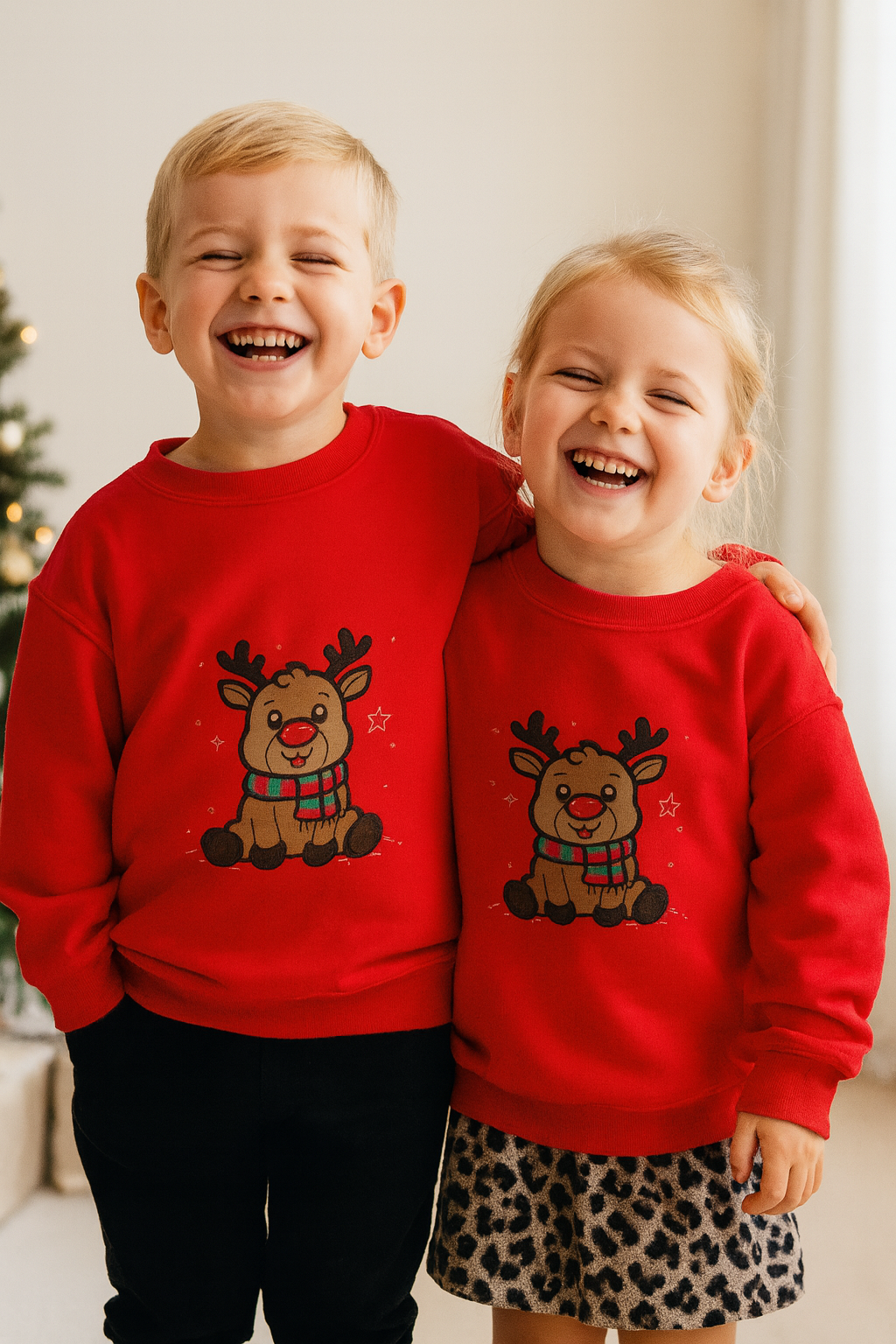 Kids Reindeer Appliqué Sweatshirt – Festive Holiday Crewneck (XS–XL)