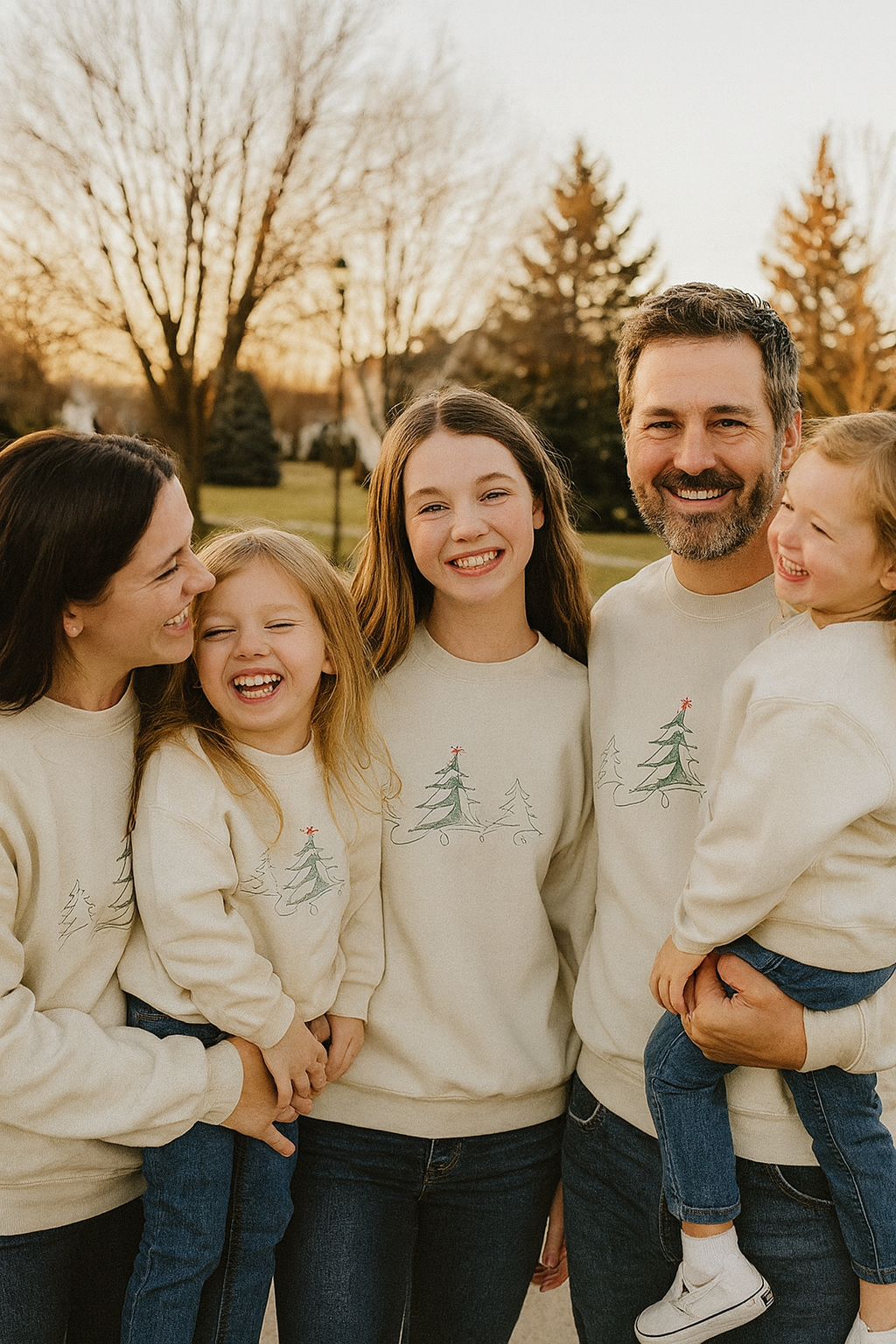 Kids Embroidered Christmas Tree Sweatshirt – Youth XS–XL (Tan or Red)