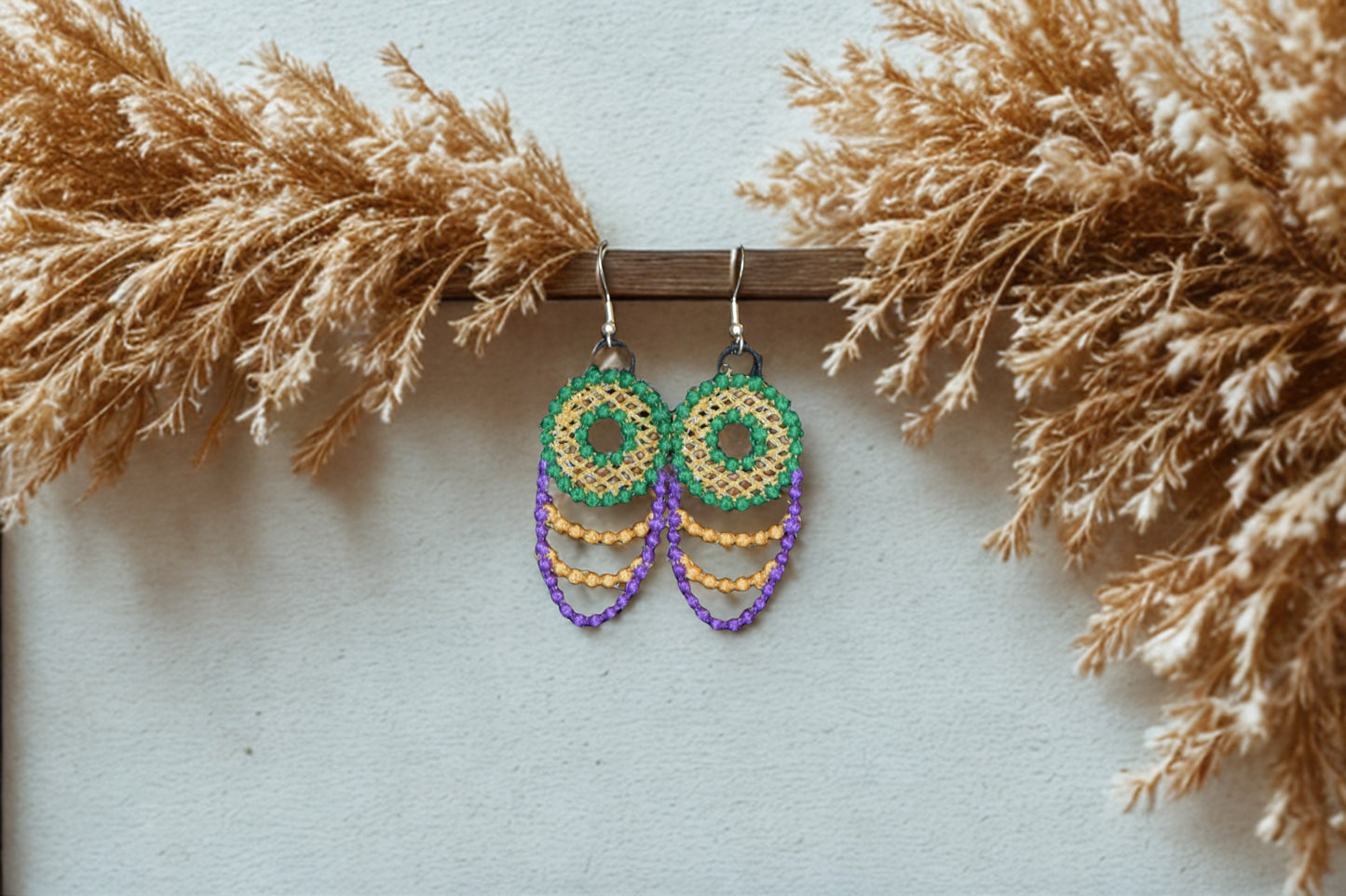 🎭 New Orleans Mardi Gras Embroidered Drop Earrings with Sterling Silver Hooks
