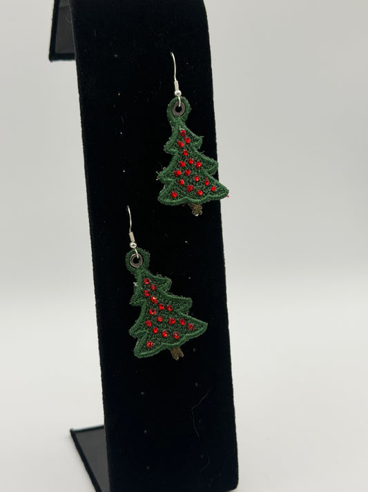 🎄 Christmas Tree Embroidered Earrings — Hypoallergenic Stainless Steel Hooks | Optional Rhinestones