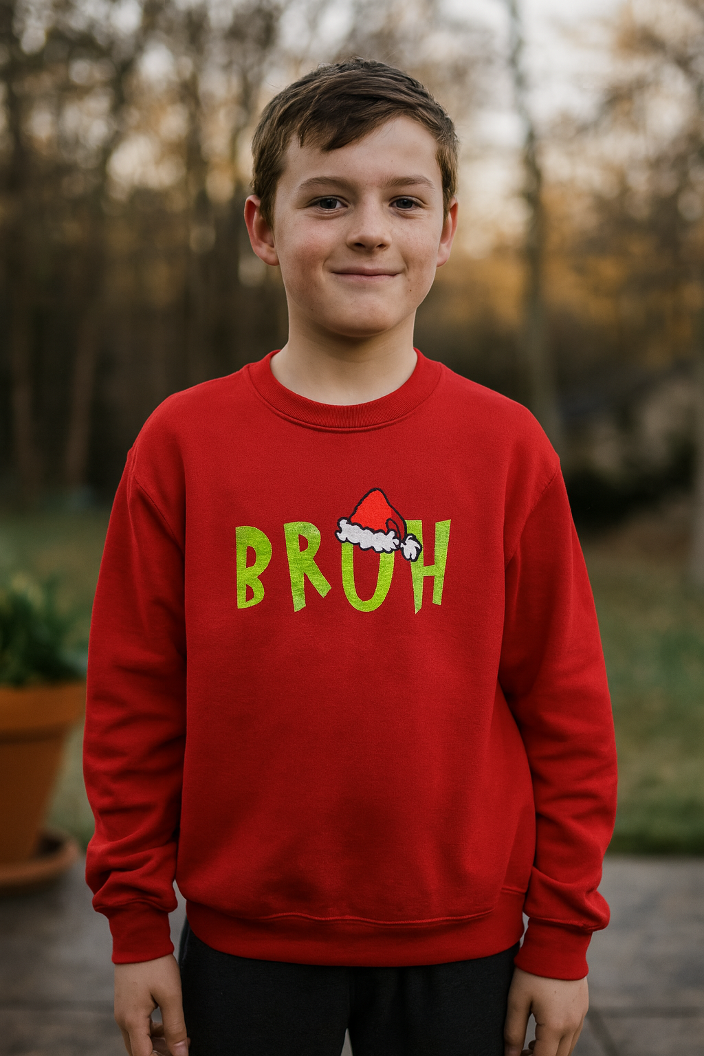 Funny Christmas “BRUH” Embroidered Sweatshirt — Youth — Red or Black