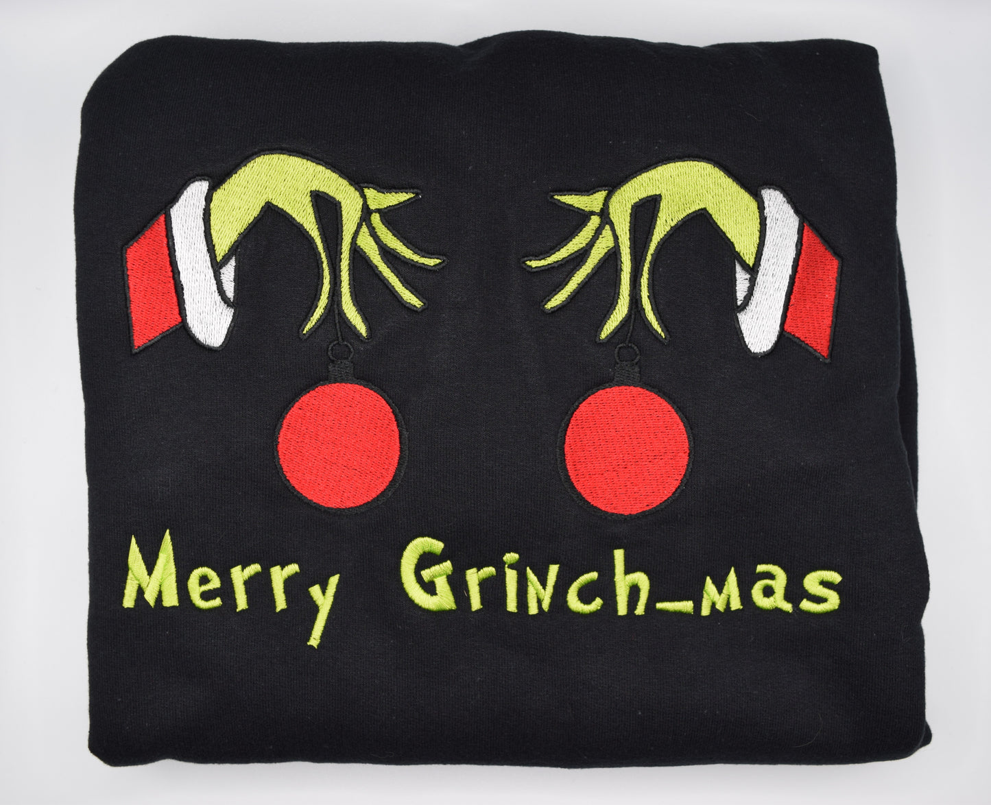 🎄 Merry Grinch-mas Sweatshirt – Adult XS–5XL  Festive Holiday Sweatshirt • Grinch Hands Design • Optional Black or Silver Ornament Outline