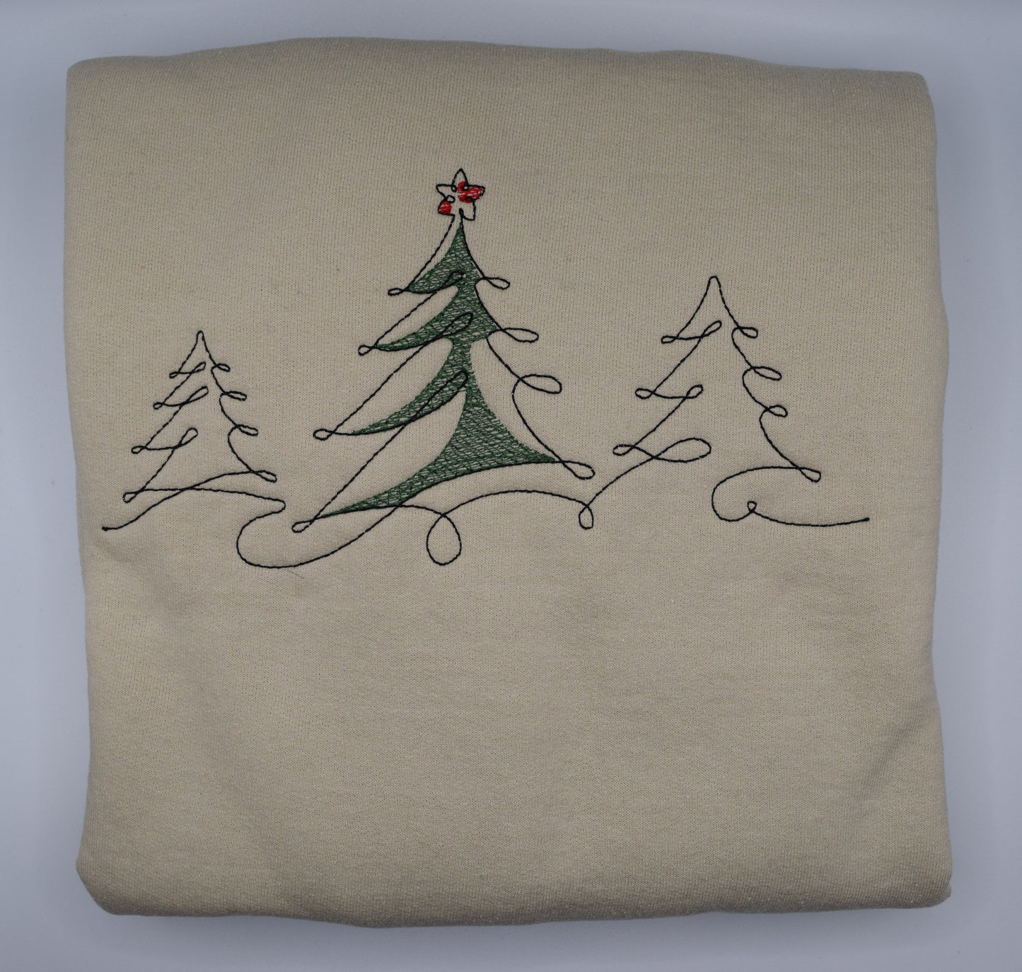 Kids Embroidered Christmas Tree Sweatshirt – Youth XS–XL (Tan or Red)