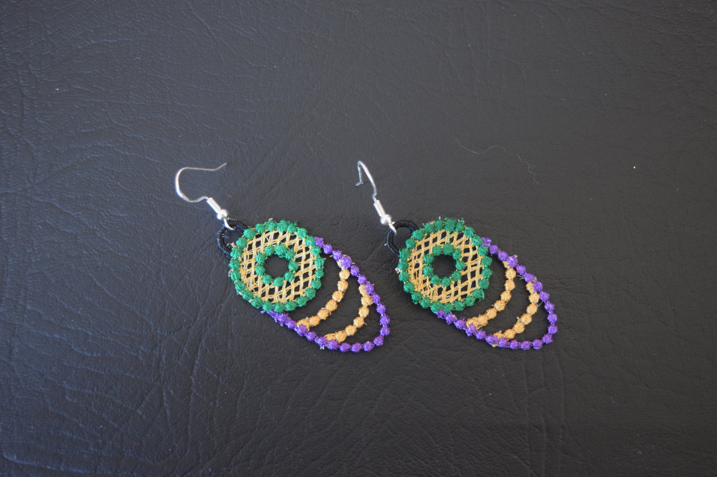 🎭 New Orleans Mardi Gras Embroidered Drop Earrings with Sterling Silver Hooks