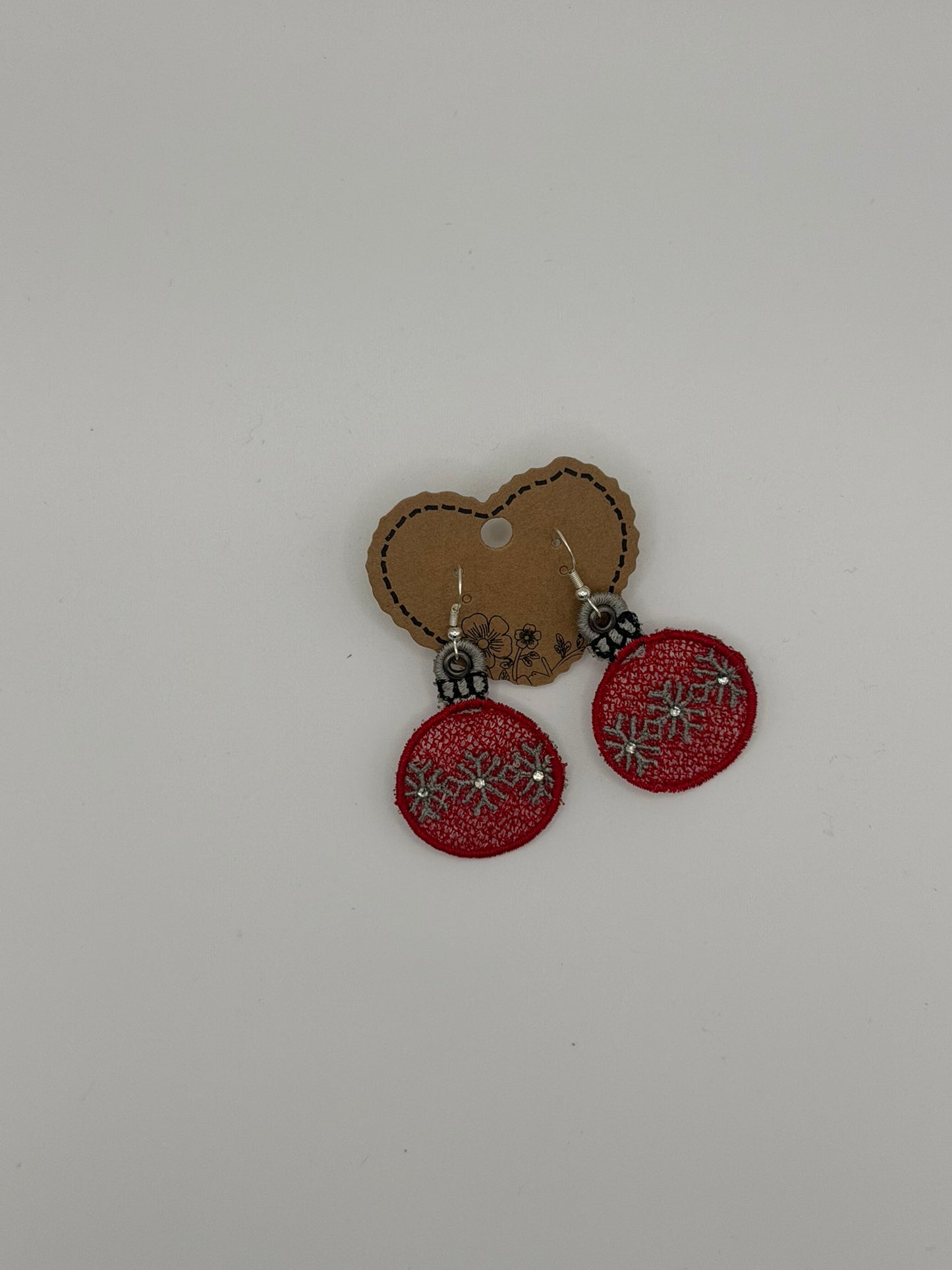 Embroidered Christmas Ornament Earrings — Sterling Silver Plated Hooks — Optional Rhinestone Center