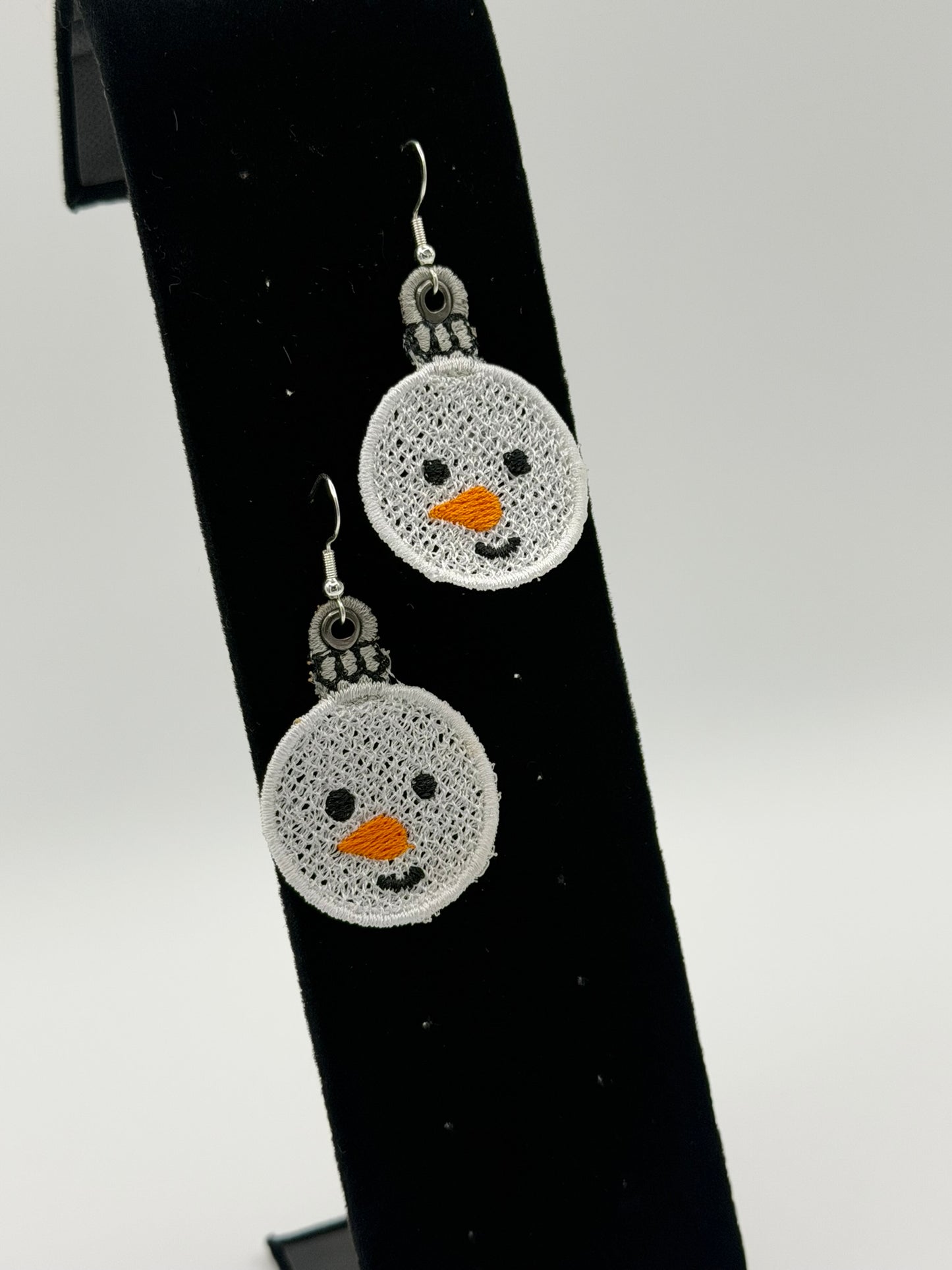 Embroidered Snowman Earrings — Sterling Silver Plated Hooks
