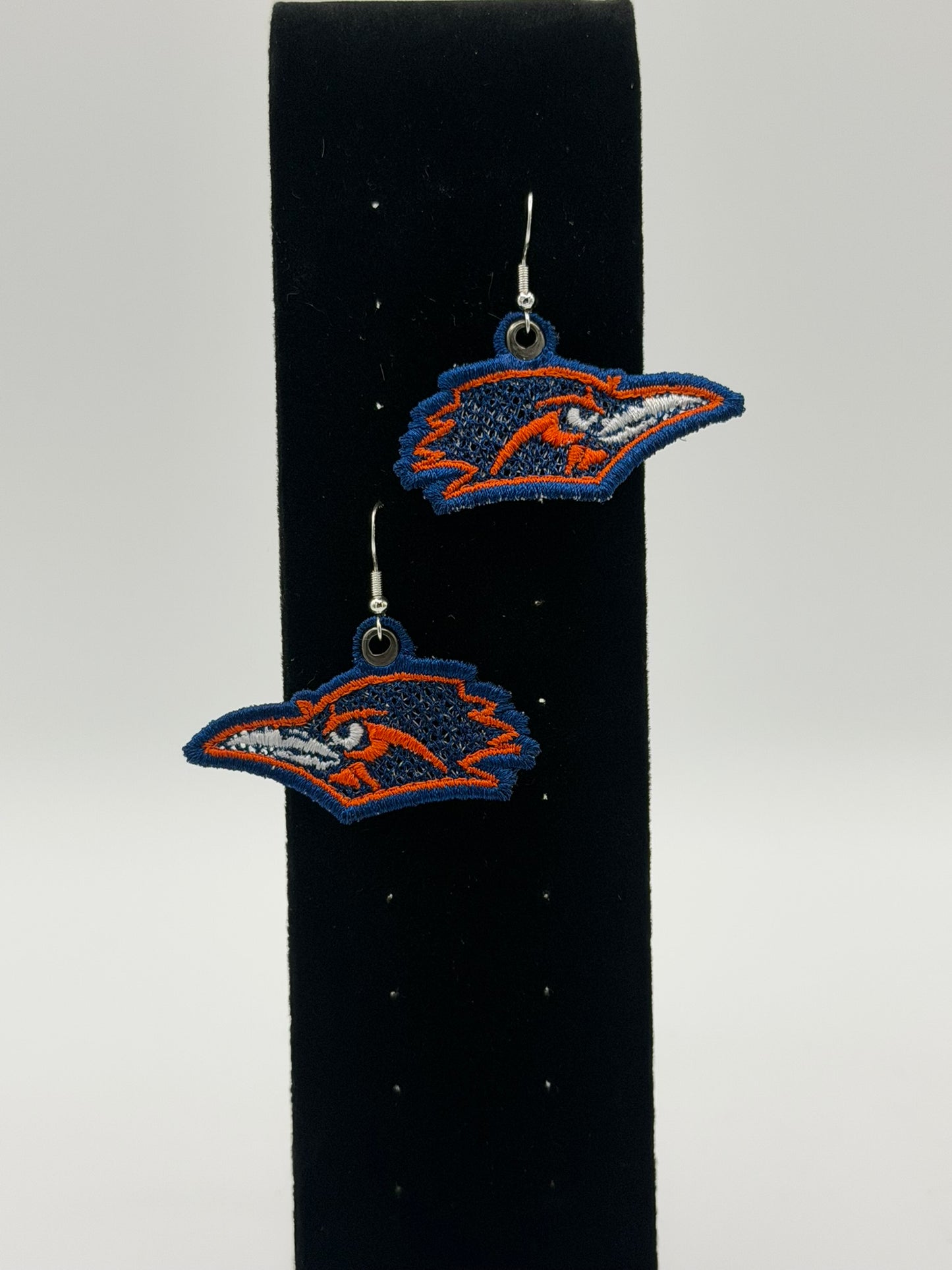 Handmade UTSA Rowdy Earrings – Embroidered Roadrunner Spirit Wear | Game Day Jewelry | Silver Plated Hooks