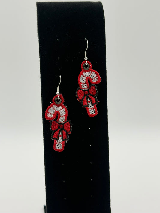Embroidered Candy Cane Earrings — Sterling Silver Plated Hooks