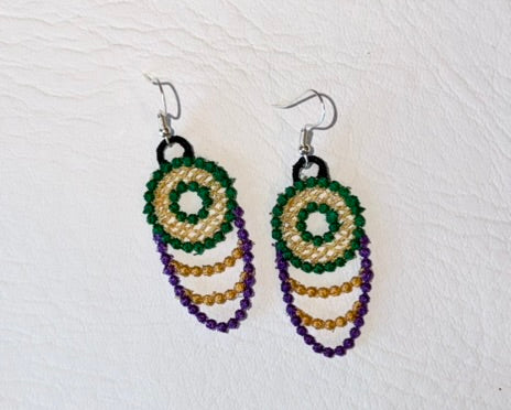 🎭 New Orleans Mardi Gras Embroidered Drop Earrings with Sterling Silver Hooks