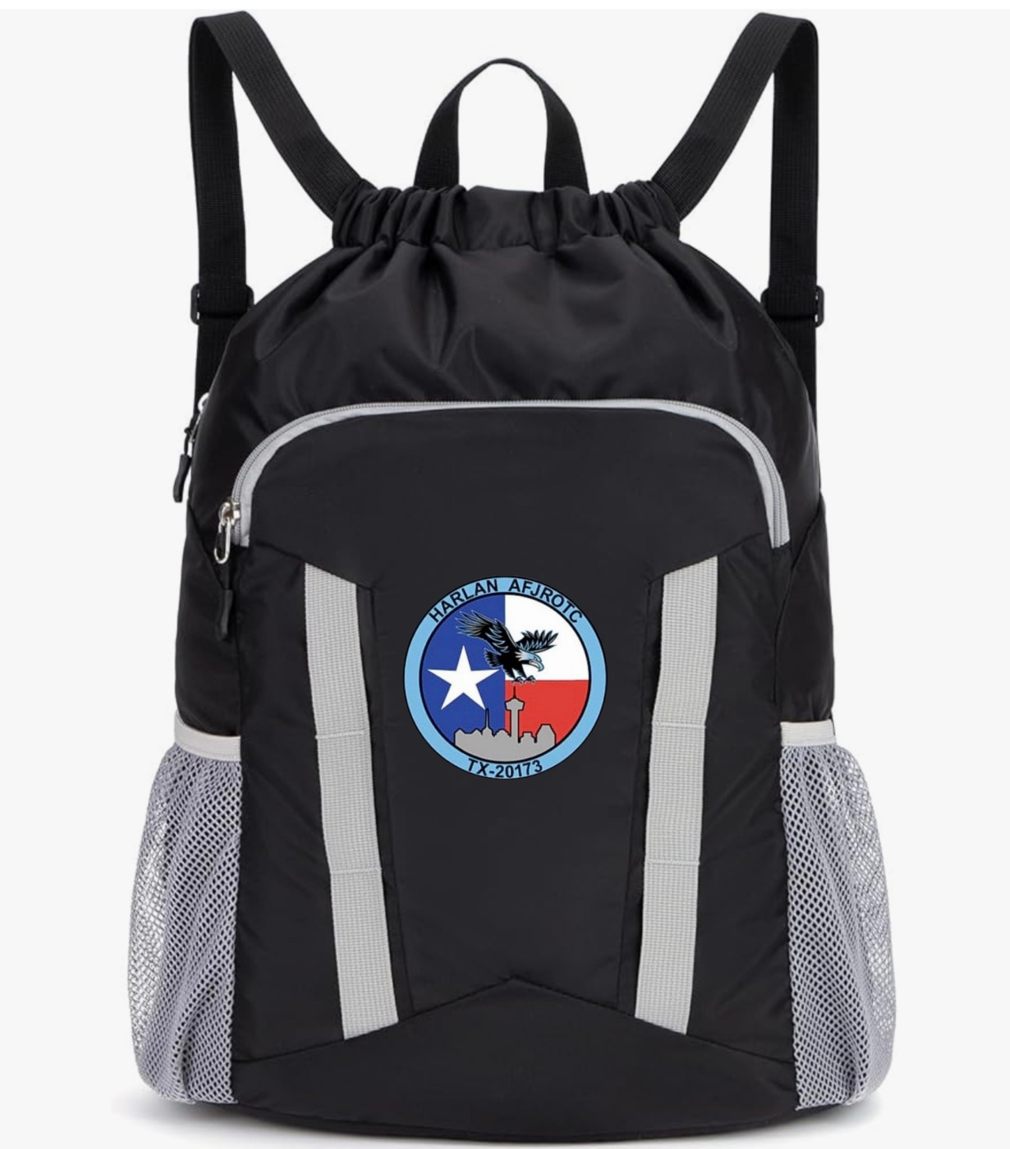 Harlan JROTC Drawstring Backpack | Embroidered or DTF Logo | Black or Blue Cadet Gear Bag