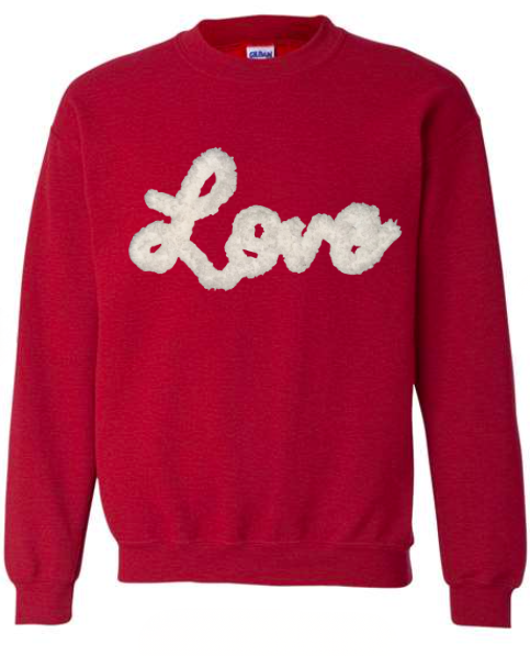 ❤️Cozy Valentine’s Crewneck ❤️ "Love" Chenille Yarn Script Sweatshirt ❤️ Valentine’s Day Red Crewneck ❤️ Cozy Embroidered Love Sweater