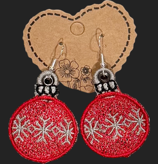 Embroidered Christmas Ornament Earrings — Sterling Silver Plated Hooks — Optional Rhinestone Center