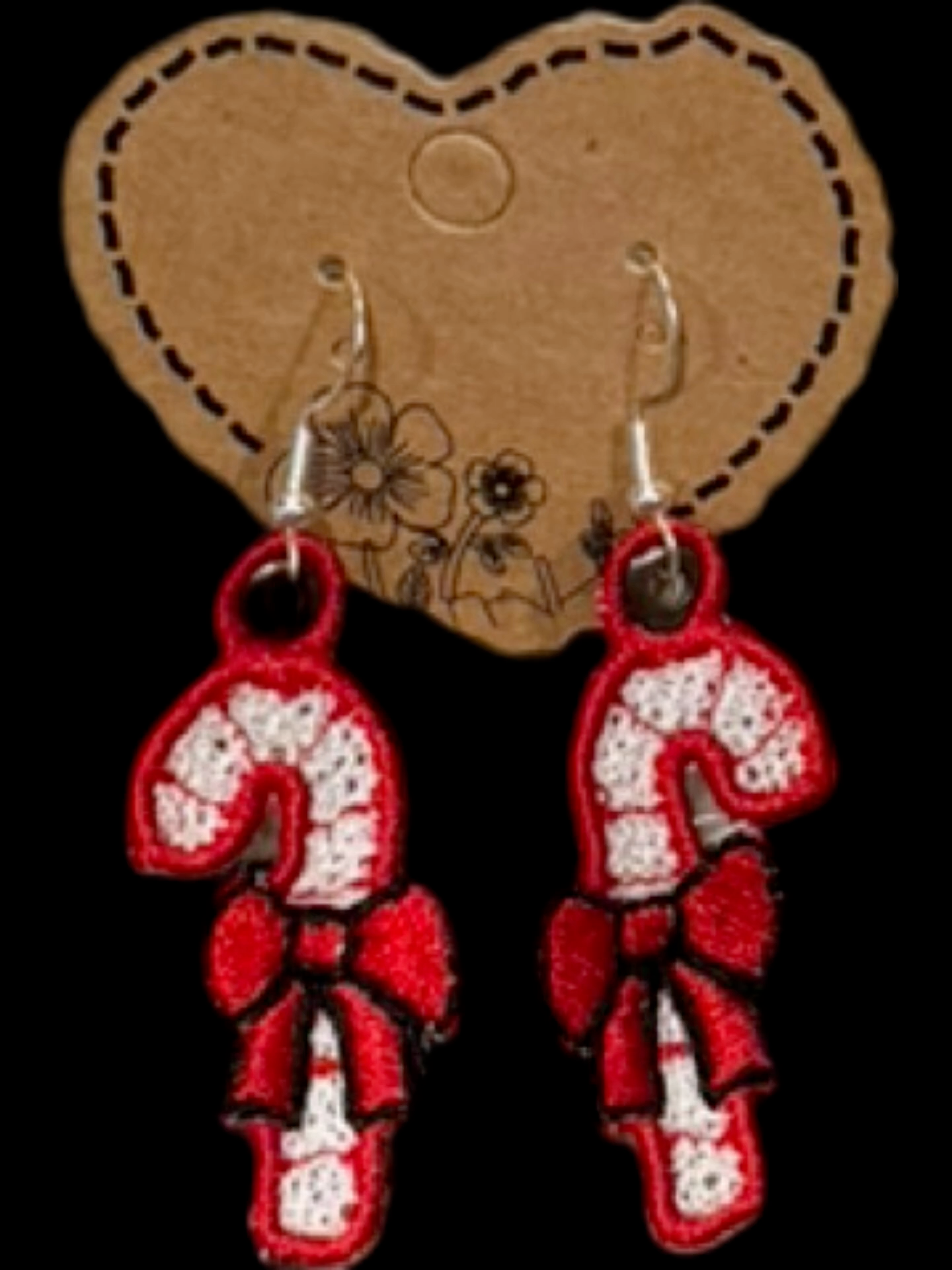 Embroidered Candy Cane Earrings — Sterling Silver Plated Hooks