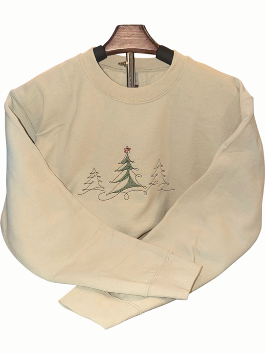 Cozy Christmas Tree Embroidery Sweatshirt – Adult Sizes XS–5XL (Tan or Red)