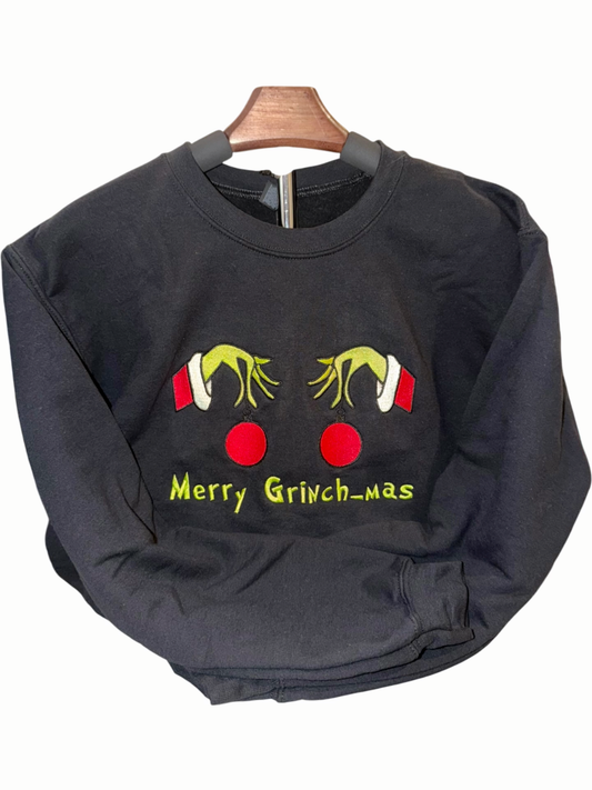 🎄 Merry Grinch-mas Sweatshirt – Adult XS–5XL  Festive Holiday Sweatshirt • Grinch Hands Design • Optional Black or Silver Ornament Outline